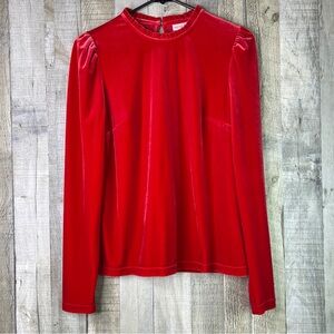 Maison Jules Medium Red Velour Long Sleeve Top with Ruffle Collar